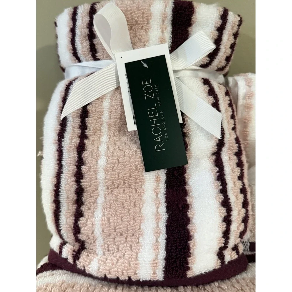8 PC Rachel Zoe Pink Mauve White Striped Towel Set Bath Tip Washcloth NEW
